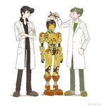  a106 animal animal_on_head atom:_the_beginning banned_artist big_nose black_hair brown_hair cat closed_labcoat crossed_arms dated f14 full_body hand_in_pocket kumaori_jun labcoat multiple_boys ochanomizu_hiroshi on_head pointy_hair robot short_hair tenma_umatarou tetsuwan_atom 