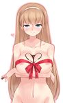  areolae bad_id bad_pixiv_id blue_eyes blush breasts character_request chocolate chocolate_heart chocolate_on_breasts copyright_request covered_nipples crossed_arms debutya_aki hairband heart long_hair medium_breasts naked_ribbon nose_blush out-of-frame_censoring ribbon smile solo valentine very_long_hair 