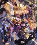  artist_request blonde_hair broken broken_chain cape chain claws cygames dragon_girl dragon_horns dragon_tail embers fire fur_trim gold_trim grin horns long_hair official_art purple_eyes scales shadowverse shingeki_no_bahamut skirt smile tail wildfang_dragonewt 