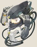  :&lt; bangs bodysuit breasts closed_mouth commentary_request expressionless green_eyes grey_background hair_between_eyes hands_up helmet looking_at_viewer mechanical_arm nekomegane original plugsuit science_fiction simple_background small_breasts solo upper_body white_hair 
