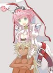  blush breast_rest breasts breasts_on_head cleavage cleavage_cutout dark_skin elphelt_valentine guilty_gear guilty_gear_xrd hat medium_breasts multiple_girls nekomegane open_mouth pink_hair ramlethal_valentine shiny short_hair siblings sisters smile white_hair yellow_eyes 
