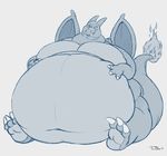  2017 3_fingers 3_toes belly big_belly biped blue_and_white charizard claws digital_media_(artwork) dragon feet feral fire flaming_tail front_view full-length_portrait hand_on_stomach horn hyper hyper_belly long_tail male membranous_wings monochrome morbidly_obese navel nintendo obese overweight overweight_male pok&eacute;mon portrait scalie signature simple_background sitting soles solo teaselbone thick_tail toe_claws toes tongue tongue_out video_games white_background wings 