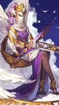  artist_name blue_sky cloud covered_face dark_skin day head_wings headwear_request holding holding_sword holding_weapon jewelry nail_polish noa_ikeda original purple_hair purple_robe ring sitting sky sword tarot watermark weapon white_wings wide_sleeves wings yellow_nails 