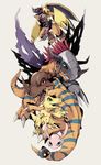  agumon android armor bandai botamon claws creature cyborg digimon fangs flying full_armor greymon helmet horns koromon looking_at_viewer metalgreymon monster muscle open_mouth simple_background smile solo tail wargreymon weapon wings 