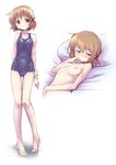  3: ass_visible_through_thighs bangs bed_sheet blue_swimsuit breasts brown_hair closed_mouth eyebrows_visible_through_hair full_body hair_ornament half-closed_eyes hidamari_sketch highres kagami_uekusa knees_together_feet_apart looking_at_viewer looking_to_the_side lying multiple_views nipples nude old_school_swimsuit on_back on_bed one-piece_swimsuit pigeon-toed pillow school_swimsuit short_hair small_breasts smile standing swimsuit tareme x_hair_ornament yuno 