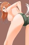  animal_ears ass blue_eyes blush breasts brown_background brown_hair bunny_ears butt_crack charlotte_e_yeager green_panties highres hiroshi_(hunter-of-kct) large_breasts looking_at_viewer looking_back monochrome_background nipples open_mouth panties simple_background solo strike_witches tail topless underwear underwear_only world_witches_series 