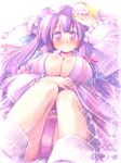  blue_bow blush bow bow_panties breasts crescent eyebrows_visible_through_hair frilled_sleeves frills hair_bow hat highres kibushi knees_together_feet_apart large_breasts long_hair long_sleeves looking_at_viewer lying mob_cap nose_blush on_back panties parted_lips patchouli_knowledge pink_bow purple_eyes purple_hair purple_panties revision solo sparkle sweat touhou underwear 