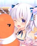 blue_bow bow breasts character_request cleavage commentary copyright_request eyebrows_visible_through_hair hair_bow holding holding_stuffed_animal jiiwara large_breasts long_hair looking_at_viewer one_eye_closed purple_eyes silver_hair solo stuffed_animal stuffed_toy 