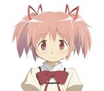  aoki_ume blush bow closed_mouth eyebrows_visible_through_hair face hair_ribbon hairband highres kaname_madoka looking_at_viewer mahou_shoujo_madoka_magica official_art pink_eyes pink_hair puffy_sleeves red_bow red_ribbon ribbon school_uniform short_hair simple_background smile solo twintails upper_body white_background 