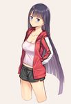  bangs beige_background blue_eyes blunt_bangs breasts camisole casual cleavage collarbone contemporary cropped_legs earrings fate/grand_order fate_(series) hands_in_pockets hood hooded_jacket hoodie jacket jewelry large_breasts long_hair looking_away midriff mikazuchi_zeus open_clothes open_hoodie open_jacket purple_hair saint_martha saint_martha_(swimsuit_ruler)_(fate) shorts simple_background solo very_long_hair 