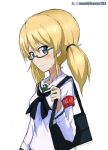  alternate_hairstyle armband artist_name bag bangs bespectacled black-framed_eyewear black_neckwear blonde_hair blouse blue_eyes carrying closed_mouth commentary cosplay darjeeling eyebrows_visible_through_hair girls_und_panzer glasses hair_tie kayabakoro light_blush long_hair long_sleeves looking_at_viewer neckerchief ooarai_school_uniform ou_taiga ou_taiga_(cosplay) satchel school_uniform semi-rimless_eyewear serafuku simple_background sketch smile solo standing twintails twitter_username under-rim_eyewear upper_body white_background white_blouse 