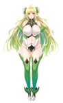  1girl ahoge aoi_nagisa_(artist) aoi_nagisa_(metalder) black_gloves blonde_hair blue_eyes breasts detached_sleeves elf erect_nipples flower full_body gloves gradient_hair green_hair hair_flower hair_ornament hands_together highres huge_breasts long_hair looking_at_viewer lucy_menelumia multicolored_hair navel open_mouth pointy_ears simple_background solo thighhighs thong v_arms very_long_hair wet_clothes white_background youkoso!_sukebe_elf_no_mori_e youkoso!_sukebe_elf_no_mori_he 