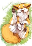  2017 absurd_res ambiguous_gender black_pawpads canine chest_tuft diga-tsukune dipstick_tail feral fox fur happy hi_res kemono lying mammal multicolored_tail on_back one_eye_closed open_mouth orange_fur pawpads paws red_eyes solo tuft white_fur 