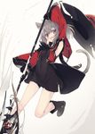  animal_ears arm_up armpit_cutout armpits bangs black_dress black_footwear blush boots check_commentary commentary commentary_request dress eyebrows_visible_through_hair full_body grey_hair highres holding holding_weapon knee_boots long_sleeves looking_at_viewer nagishiro_mito open_mouth original polearm red_eyes short_dress side_slit sidelocks smile solo tail weapon wide_sleeves 