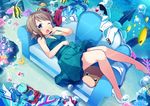  ;o anchor angelfish aozora_jumping_heart aqua_dress bare_legs blue_eyes brown_hair bubble commentary_request coral couch dress flower grey_hair hair_flower hair_ornament hat hat_removed headwear_removed high_heels highres jewelry kimi_no_kokoro_wa_kagayaiteru_kai? looking_at_viewer love_live! love_live!_school_idol_festival love_live!_sunshine!! lying mijuku_dreamer military military_uniform naval_uniform necklace on_back one_eye_closed peaked_cap pearl_necklace robin16 sash shirt_removed short_hair sleeveless sleeveless_dress solo starfish uchicchii underwater uniform watanabe_you yawning 