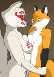  2016 anthro arm_grab black_fur bodypaint breast_squish breasts brown_eyes canine duo female female/female fox fur gloves_(marking) mammal markings multicolored_fur nipples open_mouth orange_fur smile surprise tribal ukabor white_fur yellow_sclera 