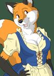 anthro black_fur breasts canine cleavage clothed clothing dipstick_tail female fox fur gloves_(marking) hand_on_hip mammal markings multicolored_fur multicolored_tail open_mouth orange_fur simple_background smile solo ukabor white_fur 