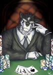  anthro canine clothed clothing dingding_(artist) fur looking_at_viewer male mammal muscular poker sitting smile solo 
