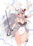  animal_ears arm_up armpits black_footwear breasts brown_eyes bunny bunny_ears bunnysuit cane cleavage coat covered_navel fake_animal_ears fake_wings gloves hair_ornament hairband hat head_wings kantai_collection large_breasts legs leotard long_hair mini_hat red_hat sensen shoes shoukaku_(kantai_collection) sleeveless sleeveless_coat smile solo standing standing_on_one_leg tailcoat thighs very_long_hair white_gloves white_hair wings 