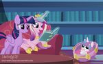  2017 book daughter equine feathered_wings feathers female feral flurry_heart_(mlp) friendship_is_magic group hair hi_res horn inside library magic mammal mother mother_and_daughter multicolored_hair my_little_pony parent pink_feathers princess_cadance_(mlp) shutterflyeqd smile sofa twilight_sparkle_(mlp) winged_unicorn wings young 
