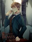  blue_eyes bow bowtie bowtruckle briefcase brown_hair copyright_name fantastic_beasts_and_where_to_find_them freckles highres leaf male_focus newt_scamander tori_23 upper_body 