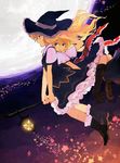  alice_margatroid blonde_hair blue_dress blue_eyes boots broom broom_riding capelet commentary_request dress hat highres kirisame_marisa kitsune_(kazenouta) lantern long_hair moon multiple_girls night open_mouth ribbon short_sleeves star touhou witch_hat yellow_eyes 