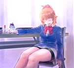  bike_shorts blonde_hair breasts brown_hair figure gm_(mobile_suit) gundam gundam_build_fighters gundam_build_fighters_try hoshino_fumina jacket medium_breasts open_mouth ponytail school_uniform scrunchie short_hair shorts shorts_under_skirt sitting sleeping sleeping_upright solo tamago_tomato thighs window 