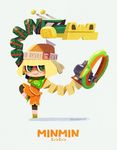  arms arms_(game) artist_name bangs blonde_hair character_name chibi chinese_clothes commentary_request dragon_(arms) full_body green_eyes hat highres min_min_(arms) ramram_(arms) short_hair simple_background smile solo twitter_username 