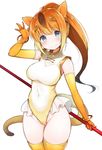  absurdres animal_ears bangle bare_shoulders blonde_hair blue_eyes blush bracelet breasts circlet covered_navel elbow_gloves gloves golden_snub-nosed_monkey_(kemono_friends) high_ponytail highres holding holding_staff ichi-jirushi jewelry kemono_friends leotard long_hair looking_at_viewer medium_breasts monkey_ears monkey_tail multicolored_hair orange_hair ponytail simple_background smile solo staff tail thighhighs white_background yellow_legwear yellow_leotard 