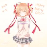  beige_sweater blonde_hair bow closed_eyes cowboy_shot dated hair_ribbon happy_birthday highres kamikita_komari little_busters! miyoshi_yun pink_bow plaid plaid_skirt pleated_skirt red_ribbon ribbon school_uniform short_hair sketchbook skirt smile twintails two_side_up 