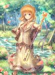  bangs bow bowtie brown_eyes brown_hair capelet company_connection copyright_name day dress eyebrows_visible_through_hair fire_emblem fire_emblem:_seisen_no_keifu fire_emblem_cipher flower forest hand_on_own_chest highres holding holding_staff lake lana_(fire_emblem) looking_at_viewer naka_(2133455) nature official_art outdoors petals short_hair short_sleeves smile solo sparkle staff 