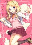  ahoge akamatsu_kaede backpack bag bangs beamed_eighth_notes black_legwear blonde_hair blush breasts brown_footwear danganronpa dutch_angle eighth_note eyebrows_visible_through_hair hands_up highres holding holding_paper index_finger_raised kneehighs knees_together_feet_apart long_hair looking_at_viewer medium_breasts musical_note musical_note_hair_ornament new_danganronpa_v3 open_mouth paint_splatter paper pink_background pleated_skirt pointing pointing_at_viewer purple_eyes purple_skirt quarter_note school_uniform sheet_music shoes skirt sneakers solo sweater_vest swept_bangs toosaka_asagi 