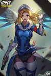  alternate_costume alternate_hairstyle beret blonde_hair blue_eyes blue_wings breasts citemer combat_medic_ziegler gun handgun hat highres large_breasts looking_at_viewer mercy_(overwatch) overwatch panties pantyhose pantyshot pantyshot_(standing) smile solo standing syringe thigh_gap thighhighs underwear weapon wind wind_lift wings 