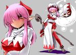  blush breasts demon_girl demon_horns hair_over_eyes hisame_genta holding holding_staff hood horns large_breasts long_hair necktie open_mouth original pointy_ears red_eyes red_legwear red_neckwear robe sidelocks solo staff thighhighs white_mage 