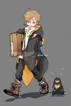  blonde_hair boots bowtruckle briefcase coin creature curly_hair fantastic_beasts_and_where_to_find_them freckles green_eyes grey_background hogwarts_school_uniform male_focus mouth_hold newt_scamander niffler protected_link school_uniform simple_background sonnet_form suspenders twitter_username walking wand 