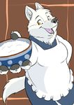  2017 anthro apron arctic_wolf bowl breasts canine clothed clothing female food fur mammal open_mouth rice simple_background smile solo ukabor white_fur wolf yellow_eyes 