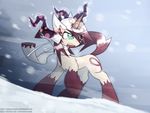  blue_eyes cutie_mark equine fan_character feral gradient_background horn magic mammal my_little_pony open_mouth outside queenbloodysky scarf simple_background snow solo standing unicorn vulpessentia 