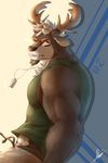  anthro antlers cervine deer dingding_(artist) facial_hair goatee horn jewelry looking_at_viewer male mammal muscular necklace nude solo 