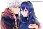  1girl blue_eyes blue_hair blush cape couple fire_emblem fire_emblem:_kakusei hetero long_hair looking_at_another lucina male_my_unit_(fire_emblem:_kakusei) mejiro my_unit_(fire_emblem:_kakusei) short_hair simple_background smile tiara white_background 