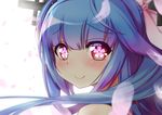  bare_shoulders blue_hair blush close-up eyebrows_visible_through_hair flower-shaped_pupils gradient_hair haniyama_kurofo i-19_(kantai_collection) kantai_collection long_hair multicolored_hair petals purple_hair red_eyes simple_background smile solo tri_tails white_background 