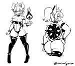  1girl ass boots bowsette bracelet collar earrings fingernails fire full_body hand_on_hip high_heel_boots high_heels horns jewelry mario_(series) monochrome multiple_views navel new_super_mario_bros._u_deluxe nintendo pointy_ears ponytail semlgrim sharp_fingernails sharp_teeth short_tail simple_background smile spiked_armlet spiked_bracelet spiked_collar spiked_shell spikes standing super_crown tail teeth thigh_boots thighhighs thong white_background 