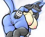  2016 3_fingers anthro anthrofied anus areola bandage big_breasts black_fur blue_fur breasts butt butt_grab canine eyelashes female fur half-closed_eyes hand_on_butt huge_breasts looking_down lucario mammal multicolored_fur nintendo nipples nude pink_eyes pok&eacute;mon pok&eacute;morph presenting presenting_hindquarters pussy raised_tail rear_view samuriolu simple_background solo spikes spread_butt spreading thick_thighs video_games yellow_fur 