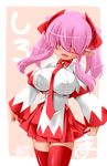  blush breasts capelet demon_girl demon_horns hair_over_eyes hisame_genta horns large_breasts long_hair necktie open_mouth original pointy_ears red_legwear red_neckwear robe sidelocks smile solo thighhighs twintails white_mage 