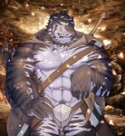  anthro cape clothing crotchplate dingding_(artist) eye_patch eyewear feline looking_at_viewer male mammal melee_weapon muscular scar solo standing sword weapon 