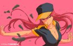  1girl baseball_cap blurry breasts cleavage commentary_request depth_of_field glaring hat highres kuromukuro large_breasts liu_shen_mi long_hair looking_at_viewer official_art outstretched_arm parted_lips partially_unzipped pink_background pink_hair purple_eyes sidelocks simple_background solo upper_body very_long_hair 