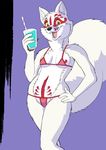  2016 anthro beverage bodypaint breasts brown_eyes canine clothing female fox fur hand_on_hip looking_at_viewer mammal open_mouth simple_background smile solo ukabor underwear white_fur yellow_sclera 