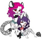  anthro blush chibi clothed clothing duo feline female hair mammal navel open_mouth sitting smile standing teil tiger wide_hips 