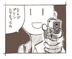  aiming_at_viewer ambiguous_gender border face genso glock gun handgun holding holding_gun holding_weapon looking_at_viewer monochrome open_mouth original smile solo translated weapon wing_collar |_| 