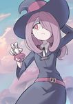  arm_behind_head belt check_commentary commentary commentary_request cowboy_shot doriyamatsurugi hair_over_one_eye half-closed_eyes hat highres holding little_witch_academia long_hair loose_belt mushroom pale_skin pink_hair red_eyes robe sucy_manbavaran wide_sleeves witch witch_hat 