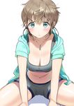  arm_support blue_eyes blue_jacket breasts cleavage crop_top hood hooded_track_jacket jacket leaning_forward light_brown_hair medium_breasts messy_hair midriff navel ogino_atsuki open_clothes open_jacket original serious short_hair shorts sitting solo sportswear thighs track_jacket zipper 